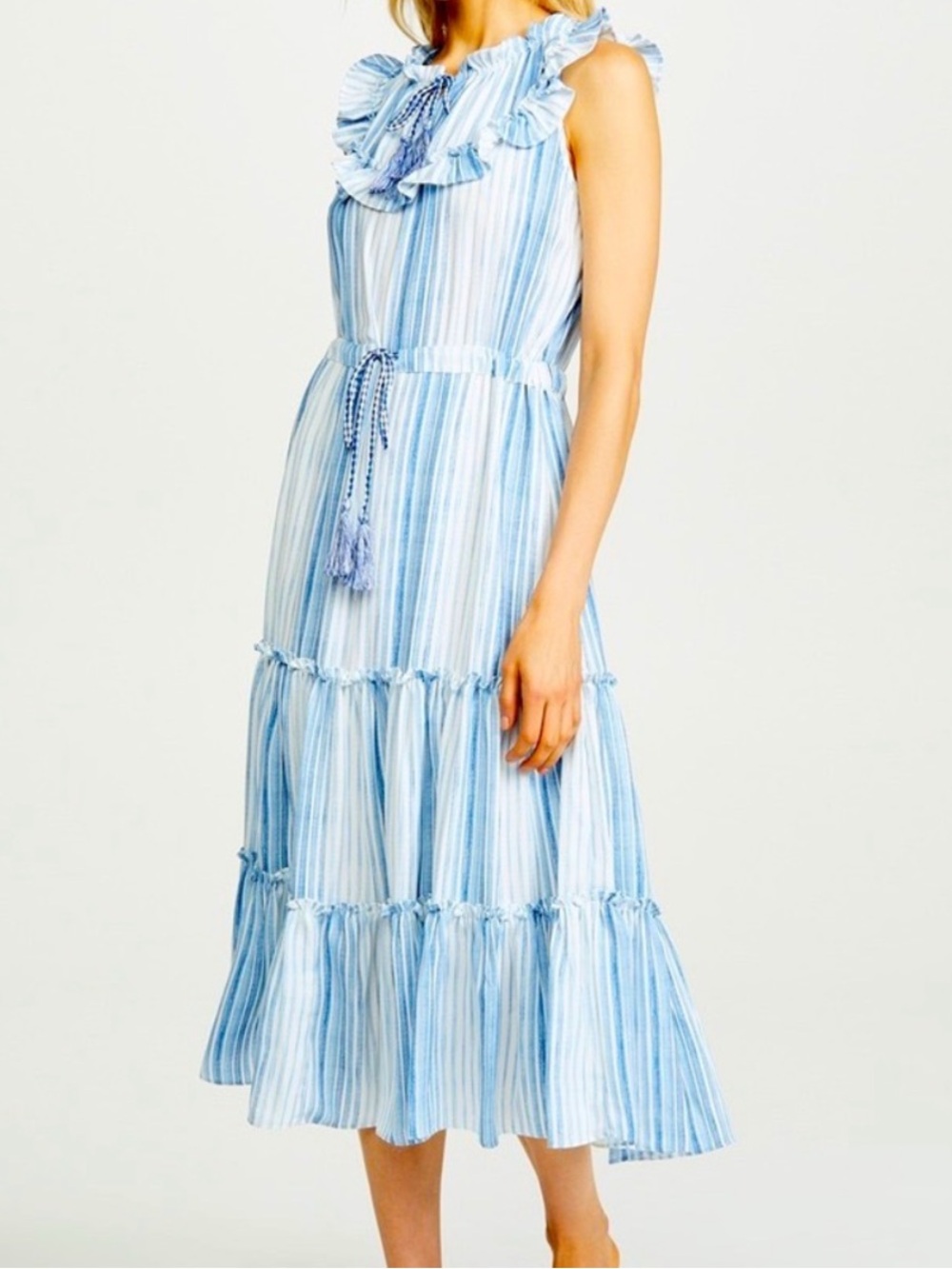 Misa Los Angeles Blue Midi Striped Dress XS